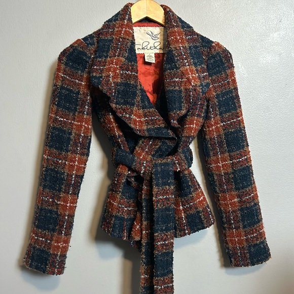 Anthropologie Tabitha Blue Waist Tie Tweed Ruffle Collar Plaid Wool Blazer Sze 0 - Picture 2 of 16